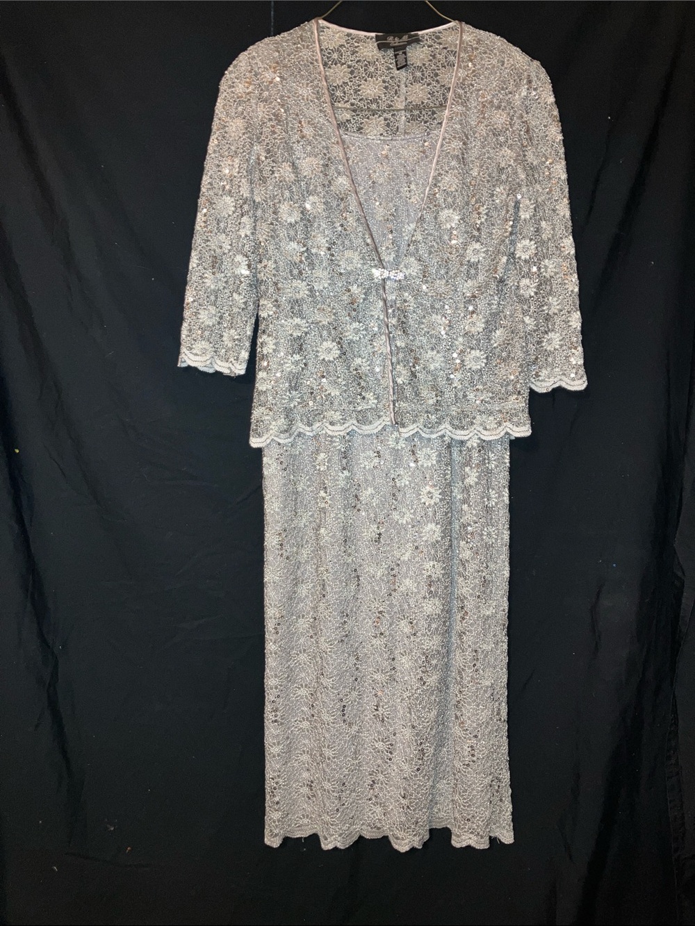 R&M Richards Silver Beaded Lace Two-Piece Wedding Dress Jacket Set